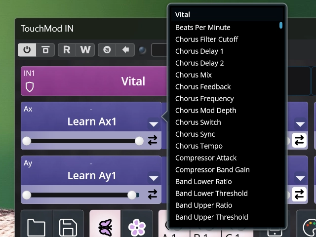TouchMod parameter list showing controls beyond the plugin interface