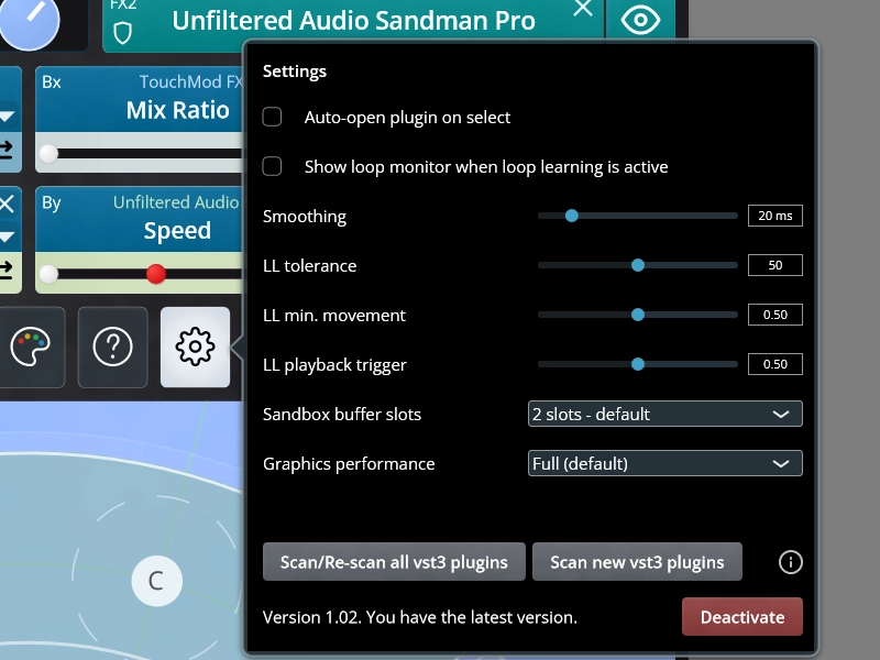 TouchMod Settings window with scanning, Loop Learning and performance options