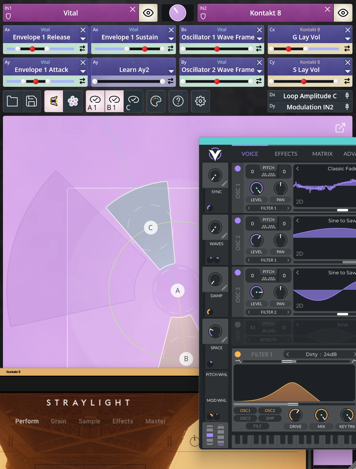 TouchMod IN interface with a multitouch pad and two hosted VST3 instruments