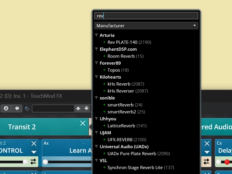 Such- und Sortierfunktionen für VST3-Effekte in TouchMod FX